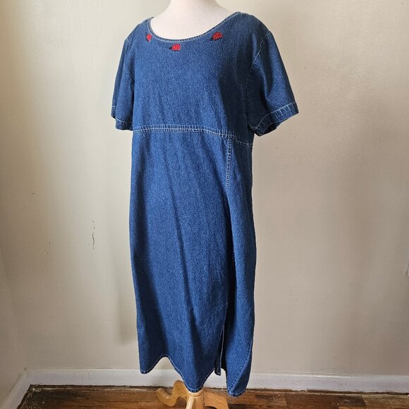 NICK & SARAH Vintage 90s L Large Denim Blue Embroidered Ladybug Dress Cottage - Picture 1 of 7